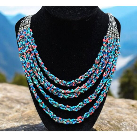 Beaded Layered Necklace Boho 5 Braided Multicolor Strands Beads Blue Silver Tone - Picture 1 of 8